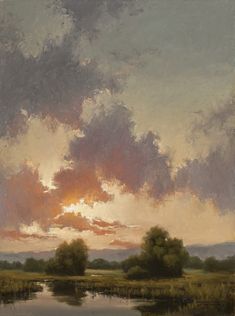 an oil painting of a sunset over a river with clouds in the sky above it