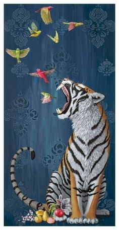 a painting of a tiger with its mouth open and birds in the sky above it