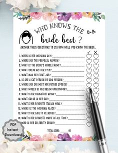 a wedding game with flowers on it and a pen next to the question card that says, who knows the b p bride best?