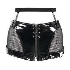 Strappy, shiny and sexy, these punk shorts are just perfect!Inspired by 90s runway and club fashion, these shorts will be perfect to wear for a weekend night out as they are not only unique but will earn you lots of compliments also.The PU leather, chains, those mesh panels and asymmetric metal are a positively deadly combo and these shorts prove that.The zipper can be unfastened and fastened and ensures a perfect fit. Product Specifications: Style: Punk Fabric: 100% Synthetic Leather Shorts With Chains, Metal Embellishments, Zipper Shorts, Mesh Shorts, Gothic Style, Leather Shorts, Synthetic Leather, Pu Leather, Mesh