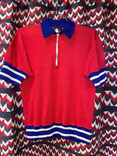 "1950s collared quarter zip red white and blue athletic shirt Has letter patched on the back that says \"admirals\" in great condition for its age. Has original metal Talon ZipperFeels like rayon and nylon blend and has a bit of stretch to it Measurements Shoulder to shoulder 17\" Underarm to underarm laying flat 19\" Length 23\" Sleeve length 9\"" Red Collared Sports Top, Retro Red Shirt With Camp Collar, Classic Red Top With Striped Collar, Retro Red Polo Collar Top, Red Collared Vintage Blouse, Wool Trousers, Athletic Shirts, Black Wool, White Tshirt