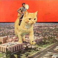 a man riding on the back of an orange cat in front of a red sky