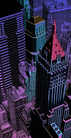 an abstract cityscape with buildings and skyscrapers in purple, blue, and green