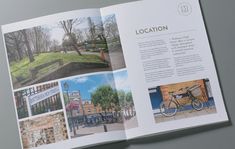 an open book with pictures of buildings and bicycles on it's cover is shown