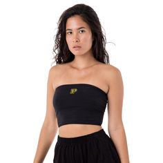 Women's cropped tube top with an embroidered purdue p center chest. This top is made from a cotton spandex blend and features a cropped fit Cropped Cotton Stretch Tube Top, Stretch Cotton Cropped Tube Top, Black Strapless Cotton Crop Top, Cropped Tube Top, Tube Top, Cotton Spandex, Women Crop, Spandex