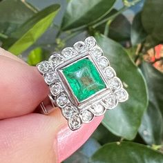 Stunning Antique Emerald & Rose Cut Diamonds Ring In Solid 18k White Gold. The Ring Is Not Stamped , But Was Tested To Guarantee. I Purchased This Ring Years Ago From A Local Estate Sale & Hoarded It For Myself, Even Though It Does Not Fit My Fingers . The Shank Is Thick And Well Made And I Was Hesitant To Disturb It By Resizing It To My Size, So I Never Wore This Stunning Piece ! I Do Not Have Carat Info For Stones , But The Emerald Is Approximately 7.3 X 6.5 Mm In Size, The Overall Ring “Face” Anniversary White Gold Emerald Ring With Bezel Setting, Elegant Asscher Cut Emerald Ring With Bezel Setting, Formal White Gold Cluster Ring With Bezel Setting, Luxury Hallmarked Emerald Wedding Ring, Elegant Gia Certified Halo Ring, Elegant Cluster Diamond Ring For May Birthstone, Elegant Cluster Halo Ring As A Gift, Luxury Emerald Cluster Ring With Halo Setting, Luxury Cluster Emerald Ring With Halo Setting