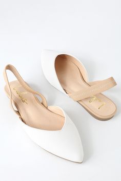 Lulus Exclusive! Step into style with the Lulus Mae White and Nude Pointed-Toe Slingback Flats! These vegan leather cuties are the perfect blend of chic and sensible with their low-maintenance flat sole, comfortable nude elastic slingback, and cute notched pointed-toe upper. 0. 25" rubber heel. Cushioned insole. Rubber sole has nonskid markings. All vegan friendly, man made materials. Imported. Lulus | Mae White and Nude Pointed-Toe Slingback Flats | Size 9 | Vegan Friendly. Synthetic Slip-on Slingback Pumps With Heel Strap, Synthetic Flat Heel Slingback Sandals, Synthetic Slingback Sandals With Flat Heel And Removable Insole, White Synthetic Slip-on Ballet Flats, White Flat Synthetic Slingback Sandals, Flat Synthetic Slingback Pumps For Summer, Synthetic Slip-on Slingback Pumps, White Slingback Sandals With Flat Heel, Flat Heel Synthetic Slingback Pumps