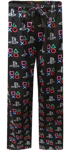 Awesome lounge pants for the gamer in the house! These 100% Cotton lounge pants for men feature Sony's PlayStation logo in an all over pattern on a black background. These pajama pants feature an open fly, drawstring and elastic waist and two side pockets. Black Pants With Elastic Waistband For Sleepover, Black Elastic Waistband Pants For Sleepover, Black Bottoms For Sleepover, Casual Black Bottoms For Pajama Party, Black Sleepwear With Elastic Waistband For Sleepovers, Casual Black Pants For Pajama Party, Playstation Logo, Men's Loungewear, Onesie Pajamas