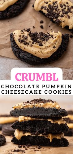 chocolate pumpkin cheesecake cookies with peanut butter frosting and crumbl on top