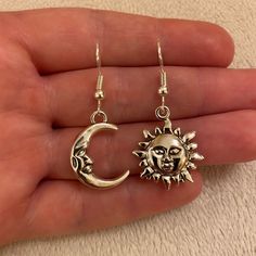 Silver plated dangle/ drop earrings with sun and moon charms 925 stamped sterling silver earring hooks also available Earrings Sun And Moon, Moon Face Earrings, Smiling Moon, Sun And Moon Earrings, Happy Jewelry, Sun Earrings, Celestial Earrings, Abstract Earrings, Retro Accessories