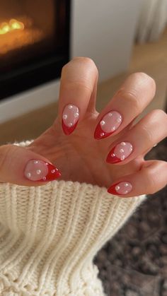 Bre Sheppard Red Almond Nails With Pearls, Red French Tip Nails Almond With Pearls, Red Chrome Christmas Nails French, Red French Tip Nails With Pearls, Red Nails With Pearl Chrome, Crismas Nails Art, Red Pearl Nails, Soft Girl Christmas Nails, Preppy Christmas Nails