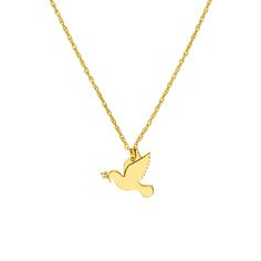 Beautifully handcrafted Gold Dove Necklace with 14 Karat gold. This makes a fantastic gift choice for any of your loved ones and friends.  Sizing: 10mm , Adjustable Gold Chain 16 - 18 Inches  Heirloom Quality: Each charm is handcrafted in California with real 14 karat solid gold, comes with a "14K" quality hallmark stamped on each piece. Quality That Will Last: Made from solid hypoallergenic gold, you can be sure that no issues will arise from long wears. Not gold plated or gold filled. Perfect Gold Pendant Necklace With Bird Design, Dove Jewelry, Dove Necklace, Dove Bird, Bird Charm, Animal Jewelry, Fantastic Gifts, Paloma, Necklace Pendant