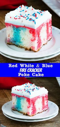 red, white and blue cake on two plates with the words red white and blue