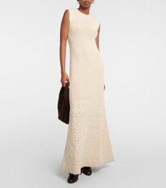 Engadin cashmere crochet maxi dress in neutrals - Loro Piana | Mytheresa Elegant Crochet Knit Maxi Dress, Elegant Long Crochet Dress, Chic Beige Crochet Maxi Dress, Chic Beige Maxi Length Crochet Dress, Elegant Floor-length Crochet Dress, Crochet Maxi Dress, Crochet Maxi, White Snow, Loro Piana