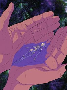 a person holding out their hand with an insect in it's palm and purple flowers behind them