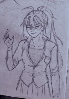 a drawing of a girl with long hair and glasses holding up her hand in the air