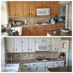 before and after pictures of a kitchen remodel with white cabinets, granite counter tops, and wood flooring