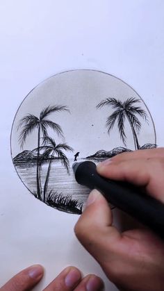 someone is drawing a tropical scene with palm trees