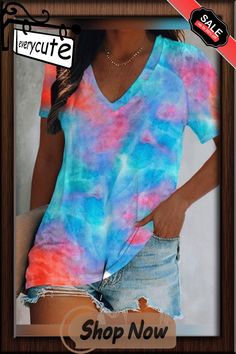 Tie Dye Print V-neck Short Sleeve T-shirt Multicolor Graphic Print V-neck T-shirt, Multicolor V-neck Graphic Print T-shirt, Multicolor V-neck T-shirt With Graphic Print, Blue V-neck T-shirt For Summer, Casual Blue V-neck Short Sleeve Top, Relaxed Fit Multicolor V-neck Top, Multicolor Relaxed Fit V-neck Top, Multicolor V-neck Top With Relaxed Fit, Casual Tie Dye V-neck Tops