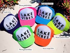 "These best selling LAKE VIBES hats are so cute and customizable for the whole family for you next trip or your favorite summer sun accessory! Keep your face protected from those strong UV rays in style! Message me for the link to add a name to this design! I also offer discounts for groups of 6 or more.  Sizing help... These unique custom MADE TO ORDER hats are truely one of a kind. Not all heads are created equal , which is why we have so many size options. You can customize your hat color, size and your favorite design. please note all hat colors vary by size, in other words- not every hat color is available in every size. **please note these are made to order and the design layouts will be unique to each hat ordered** Please feel free to ask any questions you have about sizing, as thes Lake Tahoe Trip, Lake Hair, Lake Weekend, Lake Hair Styles, Lake Vibes, Lake Party, Lake Fun, Lake Gifts, Extra Petite