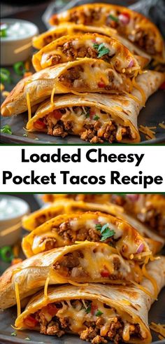 loaded cheesy pocket tacos recipe with ground beef and cheese on the side