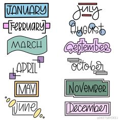 Lettering styles for the months of the year! Hand Lettering Months Of The Year, Planner Lettering Ideas, Months Lettering Fonts, Calendar Font Ideas, Months Written In Different Fonts, Month Hand Lettering, Month Writing Fonts, Months In Different Fonts, Days Of The Week Hand Lettering