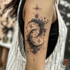 Moon Tattoo Cover Up, Tattoo Moon And Stars, Someday Tattoo, Galaxy Tattoos, Witchy Tattoos, Cosmic Tattoo, Bookish Tattoos, Mystical Tattoos, Galaxy Tattoo