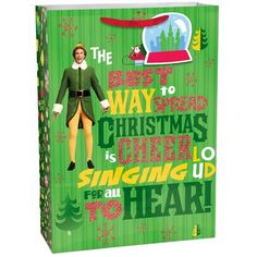 a christmas shopping bag with an image of the elf in green and red on it