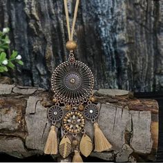 Brown Boho Ladies Pendant Necklace 1 Round Hollow Pendant Set With Rhinestone And Khaki Chain Tassel Jewelry Bohemian Alloy Chain Necklace, Bohemian Gold Rhinestone Necklace, Horse Jewelry Necklaces, Wood Heart Necklace, Pinecone Necklace, Brown Leather Necklace, Pinecone Pendant, Filigree Pendant Necklace, Mesh Necklace