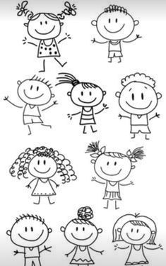 a black and white drawing of children's faces in different poses, with the words happy