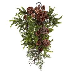 a bunch of pine cones hanging from a metal hook on a tree branch with green leaves