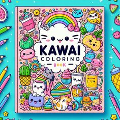 the kawai coloring book is surrounded by colorful objects and other items on a blue background