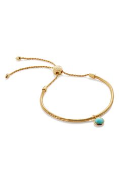 An amazonite charm brings cool color to this 18-karat-gold bracelet handcrafted with a snake chain. Exclusive US retailer 5"-10" adjustable inner circumference Adjustable slide closure Sterling silver/recycled 18k-gold plate/amazonite Imported Adjustable Yellow Gold Gemstone Bracelet, Monica Vinader, A Snake, Luxury Brands, Snake Chain, Friendship Bracelet, Gold Vermeil, Friendship Bracelets, Luxury Branding