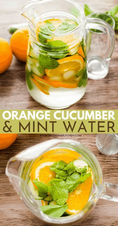 orange cucumber and mint water is in a pitcher