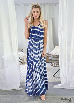 Tie Dye Pattern Boho Maxi Dress Ember - Royal Blue / S Stylish Maxi Dress, Strap Maxi Dress, Womens Long Dresses, Tie Dye Pattern, Spaghetti Strap Maxi Dress, Tie Dye Maxi Dresses, Tie Dye Maxi, Long Dress Casual, Tie Dye Dress