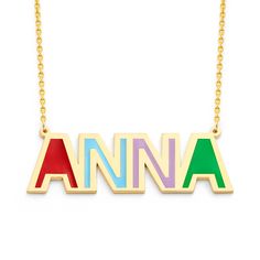 "How Can I put order Name Necklace ?This name plate made with 4 colorful alphabet Enamel filled and can be customized with any name you want. just click the - customize - now. Necklace is made of Solid Gold and Soldered jump rings to Chain to ensure connections are permanently secure. Personalized Name Necklace Details: Average Name Pendant Width: Width depends on your name for the personalized name necklace.(Max: 5 letters)Average Name Pendant Height : 0.6 Inch (20 MM) Approx. Pendant Thickness: 1.1MM / 0.043\" It's Enamel, not filled with Spray Color: Enamel paint, is an oil paint we can use as an exterior paint or interior paint. we use enamel paint on metal surfaces that don't flex or shift over time. It's hard and shiny There are Six different chain lengths can be chosen, 14\",15\", 1 Personalized Multicolor Initial Pendant Jewelry, Multicolor Initial Pendant Necklace As Gift, Multicolor Name Necklace For Birthday, Personalized Multicolor Name Necklace For Birthday, Multicolor Personalized Name Jewelry, Personalized Multicolor Name Jewelry, Personalized Multicolor Jewelry With Name, Multicolor Personalized Name Jewelry For Gifts, Personalized Colorful Jewelry As Gift