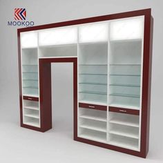 a white and red display case with shelves