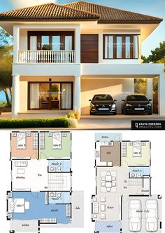 two story house plan with three cars parked in the driveway and an open floor plan