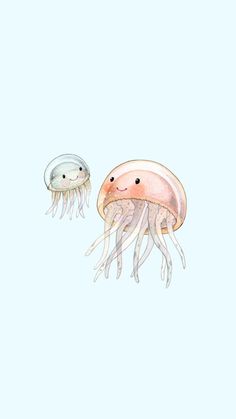 two jellyfish are swimming in the water, one is looking at the other side