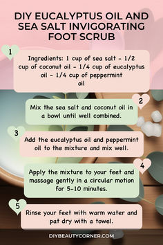 DIY Eucalyptus Oil and Sea Salt Invigorating Foot Scrub to Remove Dead Skin Diy Eucalyptus, Blemish Remover, Eucalyptus Oil, Peppermint Oil