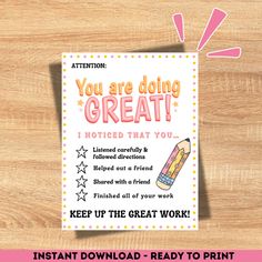 a poster with the words you are doing great written in pink and orange on it