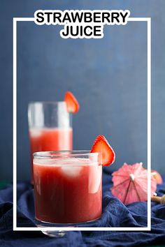 two glasses filled with strawberry juice on top of a blue cloth