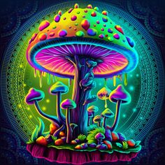 Funky Mushrooms, Psychodelisch Art Mushroom, Mushrooms Trippy, Campbell Soup Art, Mushroom Aesthetic Art Trippy, Roots Drawing, Psychadelic Art Mushrooms, Neon Colour Palette, Mushroom Wallpaper