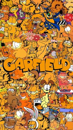 garfield the cat is surrounded by many cartoon characters and words that spell out garfield's name