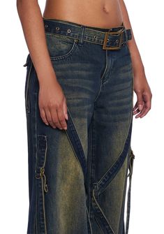 These wide leg jeans have a washed denim construction, front pockets, back pockets with velcro closures, strap detailing with d-ring hardware, a removable belt with grommet detailing, and a front button and zipper closure. Current Mood Clothing, Windsor Smith, Pride Outfit, Current Mood, Washed Denim, D Ring, Dolls Kill, Exclusive Collection, Denim Wash