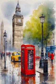 a painting of the big ben clock tower and red telephone booth on a rainy day