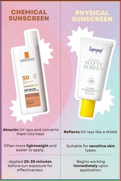 Looking for the right protection for sun-safe skin? From mineral to chemical, find out which sunscreen suits your skin best. Click here for more tips. Medical Aesthetician, Spf Face, Toxic Skincare, Physical Sunscreen, Chemical Sunscreen, Perfect Skin Care Routine, Acne Solutions