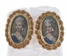 Vintage Italian 14k gold hand painted portrait earrings .8" x 5/8" each. Gold Hand Painted Jewelry For Formal Occasions, Elegant Miniature Jewelry For Collectors, Elegant Hand Painted Gold Earrings, Hand Painted Jewelry For Formal Occasions, Hand Painted Elegant Formal Jewelry, Elegant Hand Painted Formal Jewelry, Portrait Earrings, Gold Hand, Gold Hands