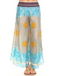 Turquoise Floral Mandala Printed Side Cut Palazzo Pants | Blue Summer Vacation Boho Print Bottoms, Summer Beach Boho Print Bottoms, Hippie Boho Print Vacation Bottoms, Summer Festival Bottoms With Boho Print, Summer Festival Boho Print Bottoms, Summer Festival Boho Bottoms, Blue Harem Pants For Spring Vacation, Bohemian Boho Print Bottoms For Beach Season, Ankle-length Blue Harem Pants For Vacation