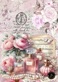 pink roses and perfume bottles are on top of an old fashioned postcard with the words,